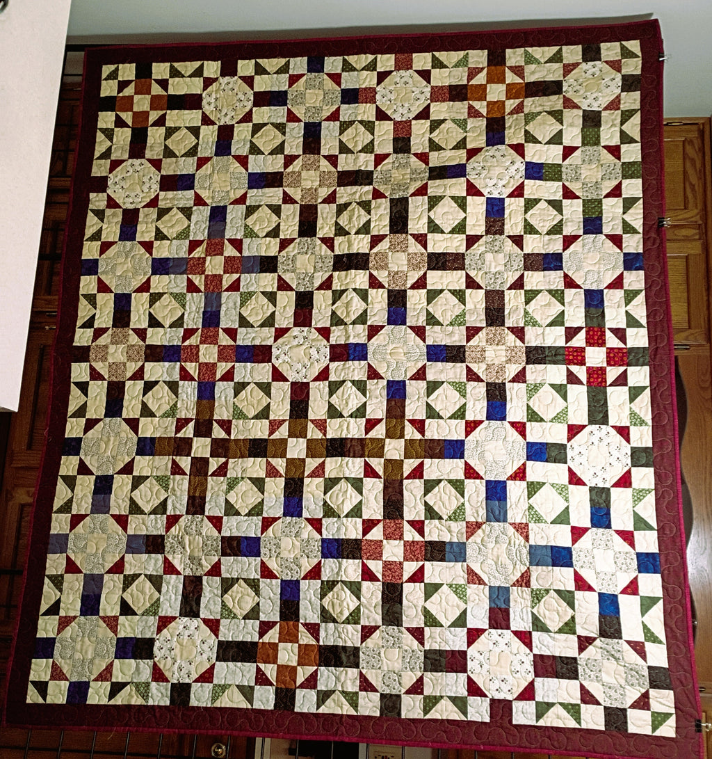 Civil War Reproduction Throw Quilt - Handcrafted Scrappy Heirloom in Burgundy & Navy