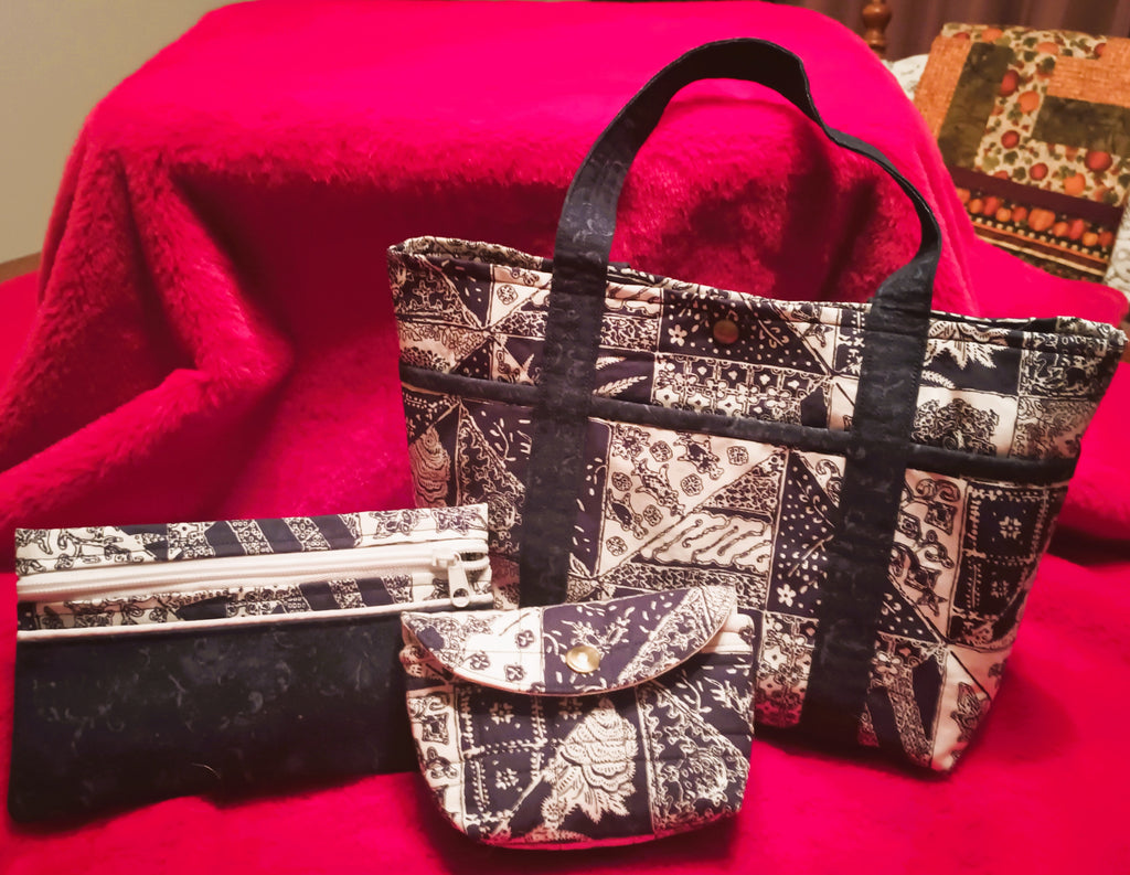 Blue Bandana Beauty 3-Piece Tote Set - Handmade Bag, Makeup Pouch & Clutch