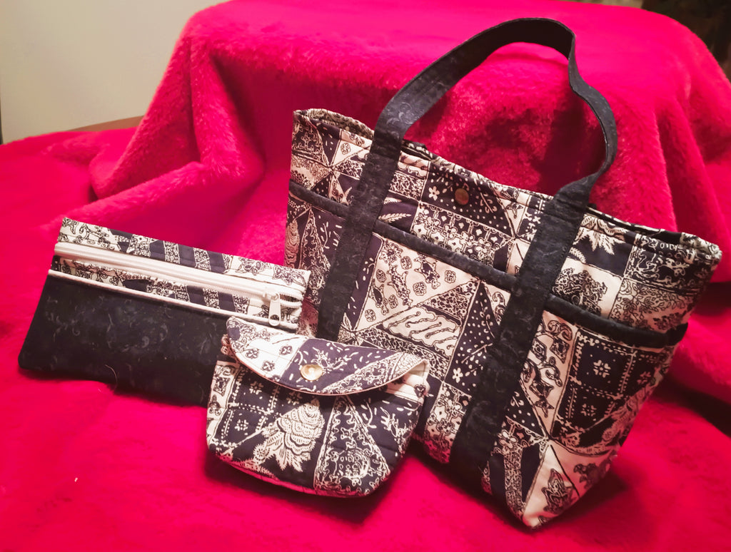 Blue Bandana Beauty 3-Piece Tote Set - Handmade Bag, Makeup Pouch & Clutch