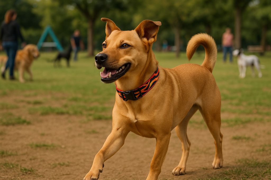 A confident dog wearing the actual Flaming Hot collar at a dog park