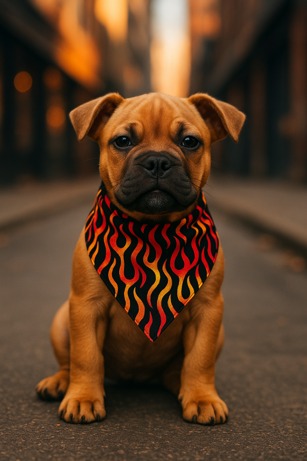 A confident puppy wearing the Flaming Hot bandana with vibrant fire pattern