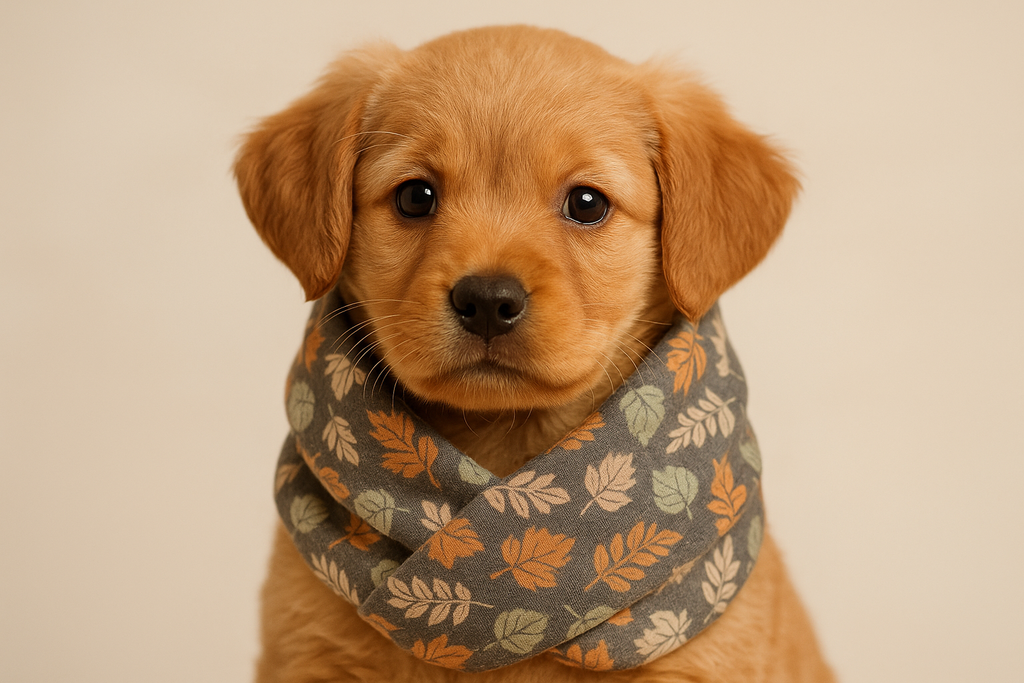 A cute puppy wearing the exact fall leaves infinity scarf from the reference image