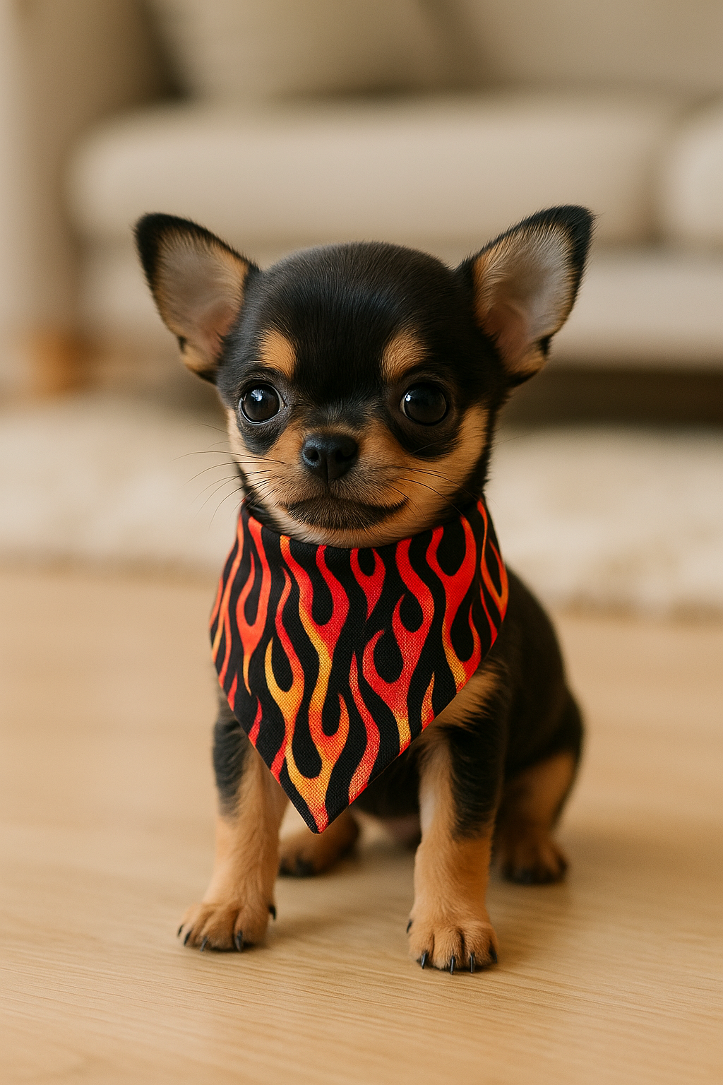 An adorable tiny puppy wearing a small Flaming Hot bandana with fire pattern