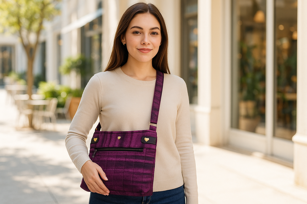 Brighter lifestyle photo of young woman with Purple Elegance Crossbody Bag