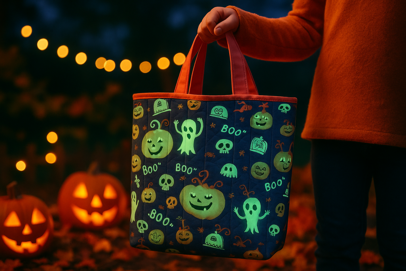 Charming Boo Trick or Treat Bag with friendly glowing ghosts