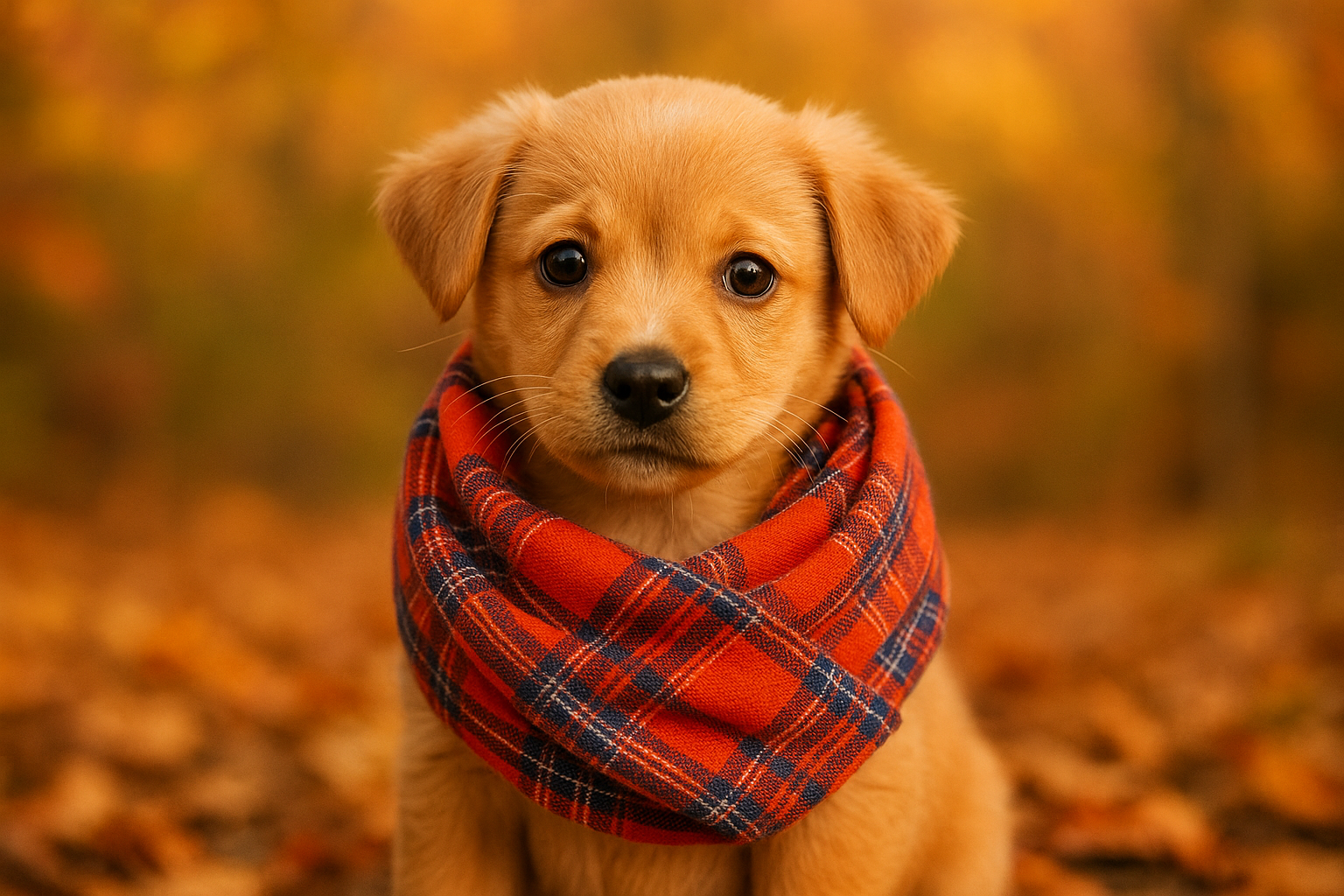 Cute puppy wearing orange, navy blue, and white tartan infinity scarf