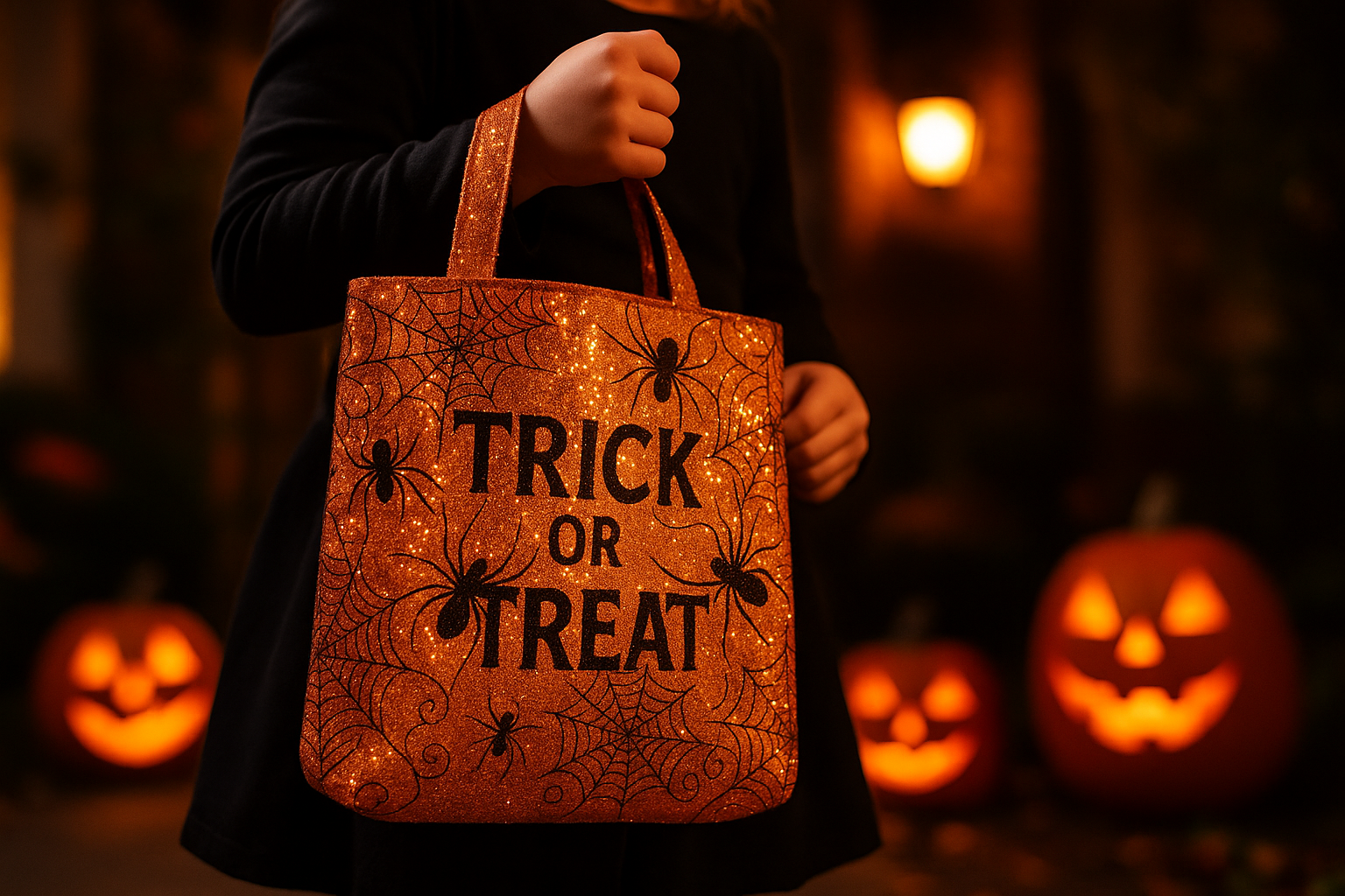 Dazzling Sparkly Spider Trick or Treat Bag catching the light