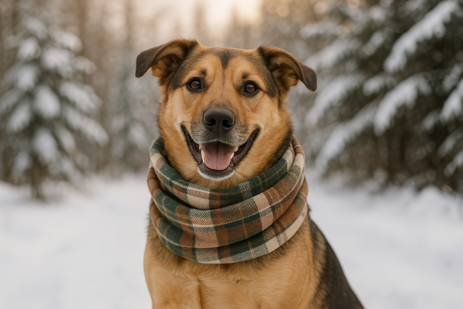 Dog wearing brown, green, and cream plaid infinity scarf in snowy winter scene