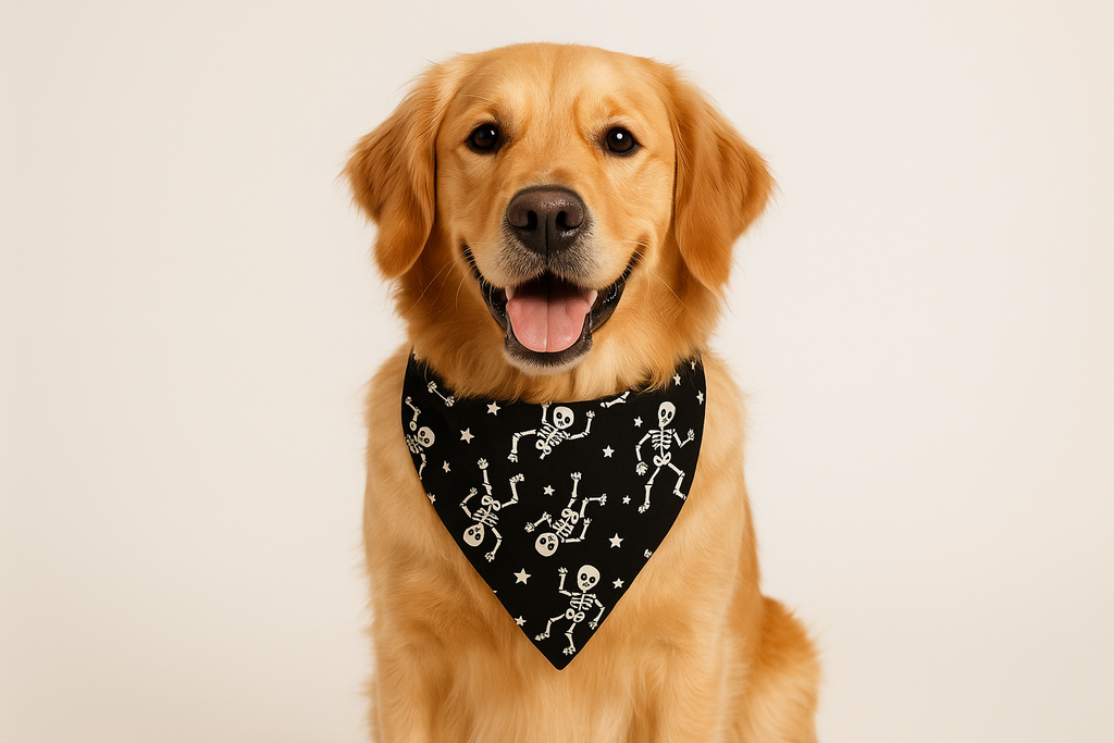 Dog wearing the dancing skeleton bandana