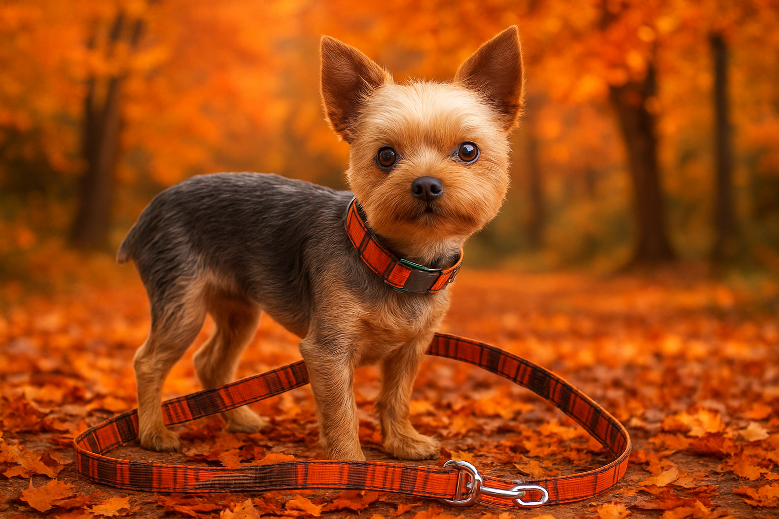 Enhanced photo of Abbie with orange plaid collar and leash