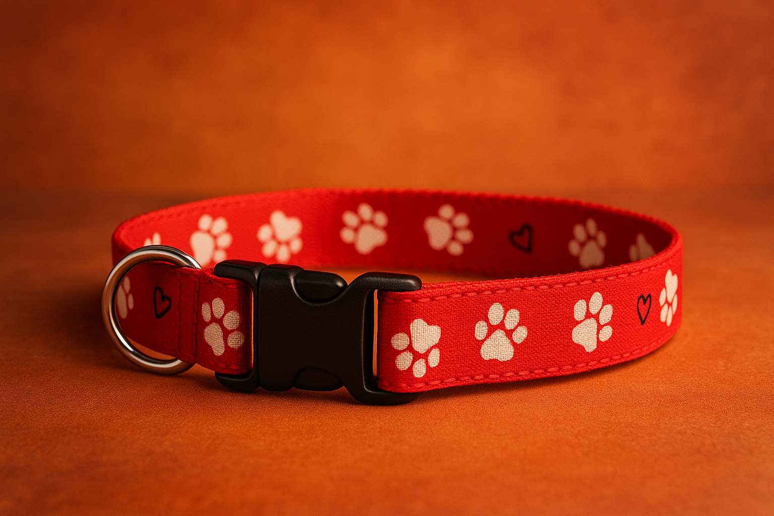 Enhanced red big paw collar with black hearts and white paws