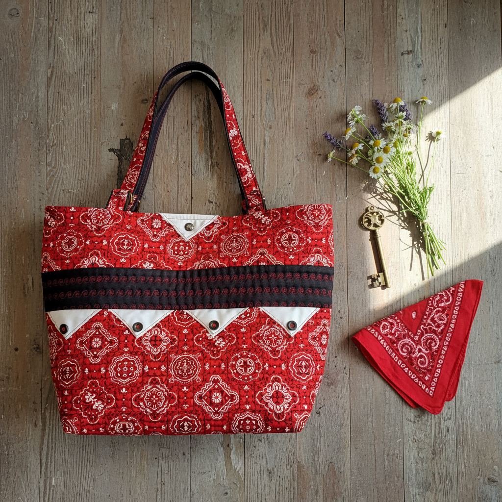 Homestead Bandana Quilted Tote — Red & Charcoal rustic flat lay