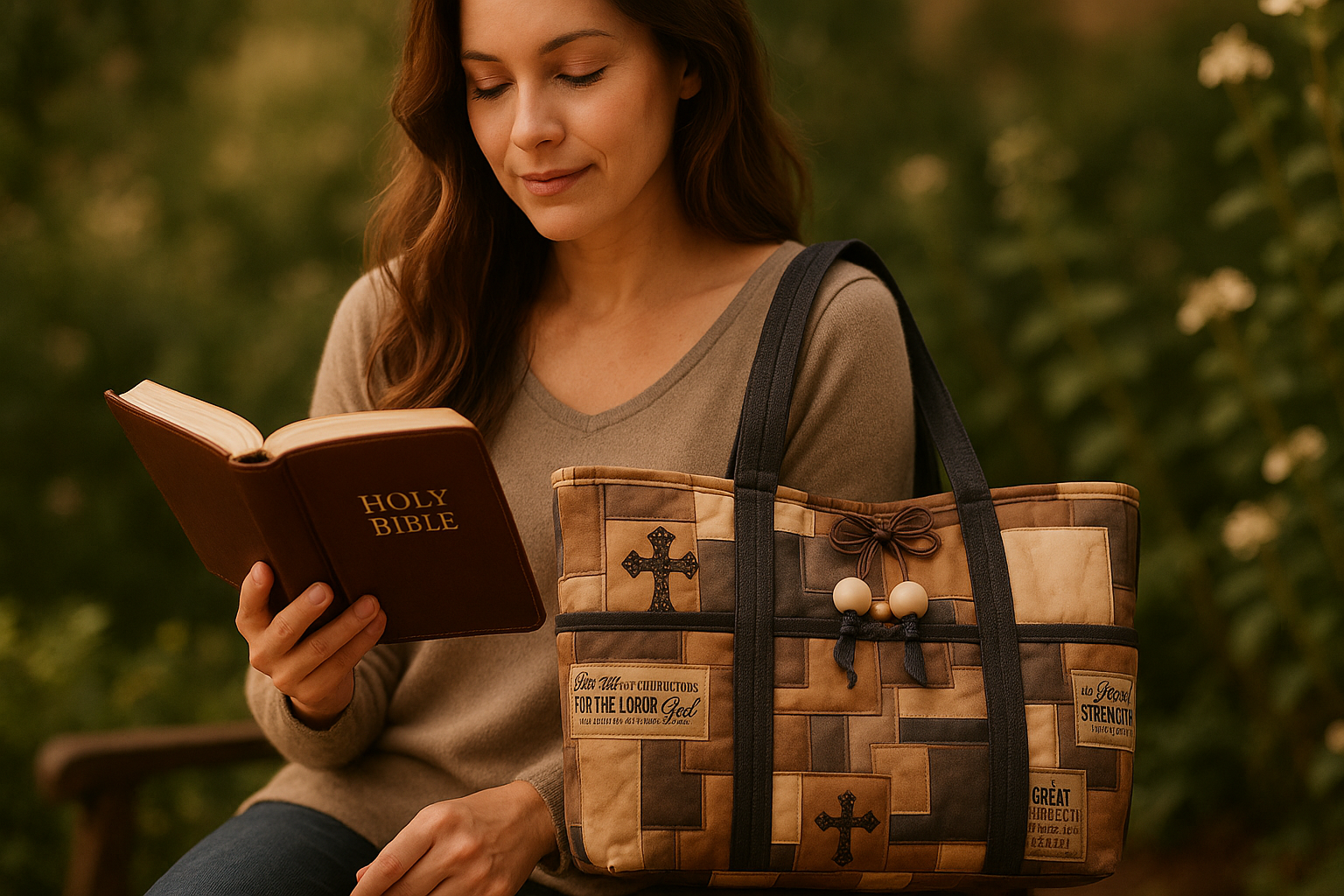 Lifestyle photo of Blessed Moments Tote Bag in spiritual setting