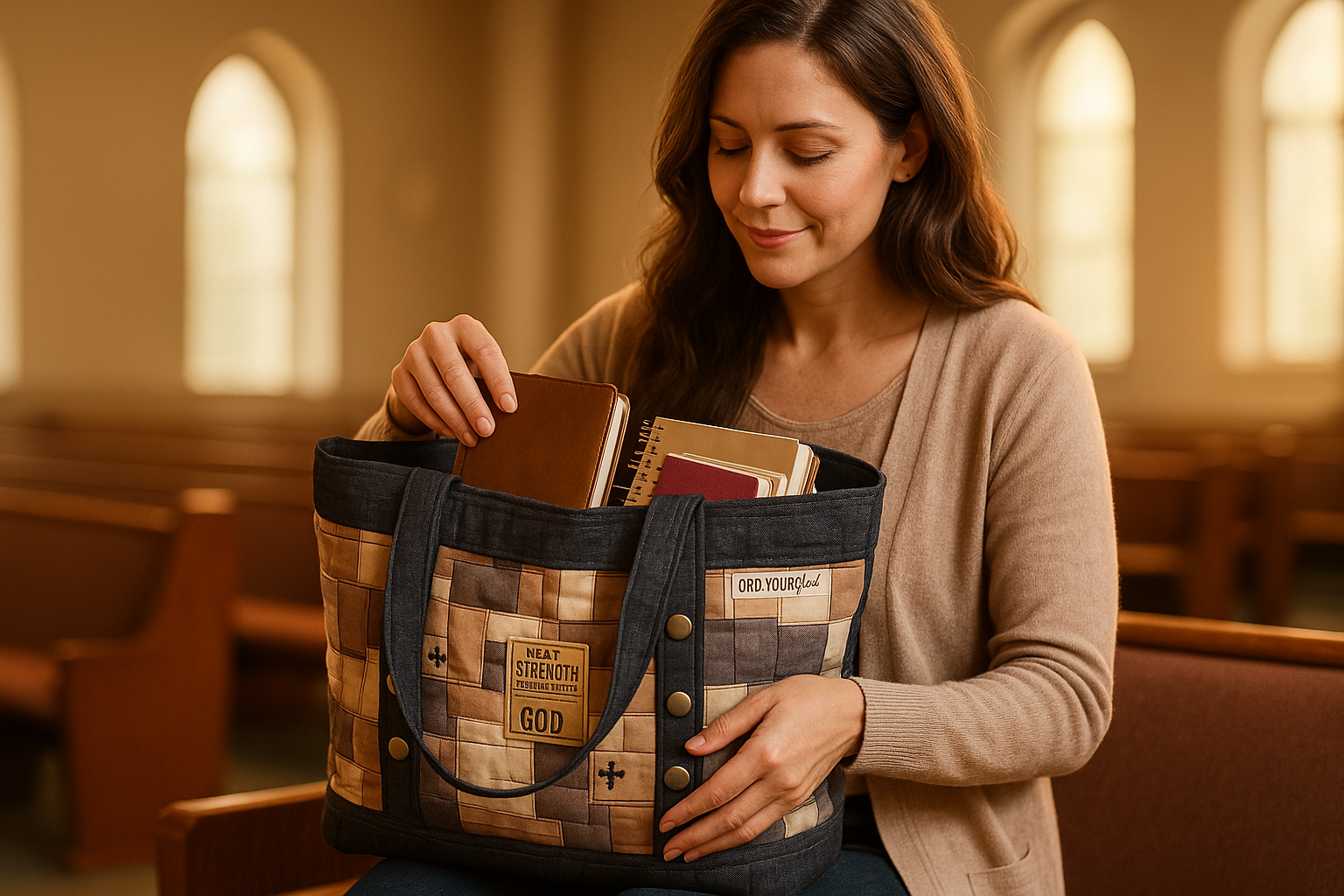 Lifestyle photo of Blessed Moments Tote Bag - Large in spiritual setting