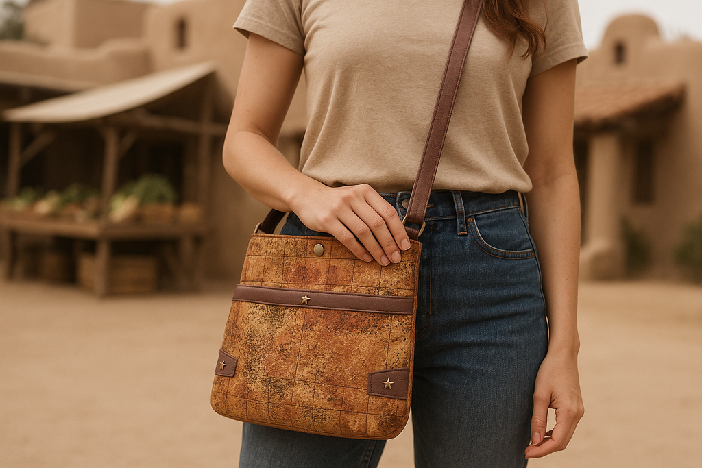 Lifestyle photo of Desert Sand Tower 2 Crossbody Bag with natural tones