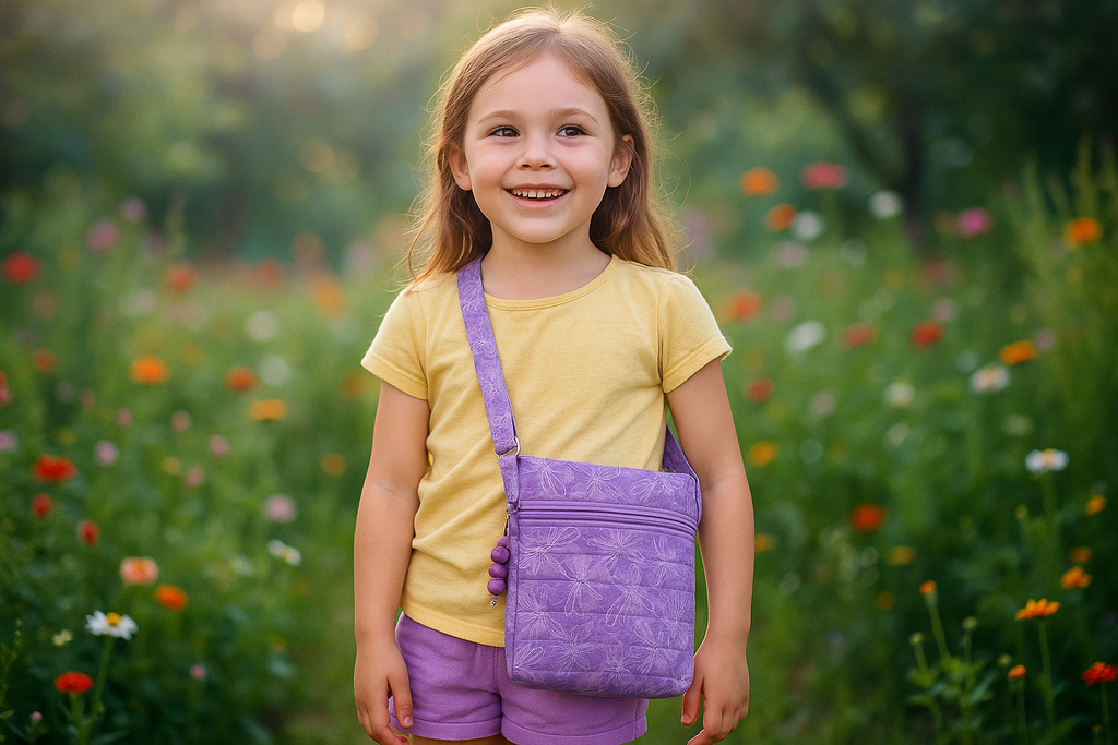 Lifestyle photo of little girl wearing the Dragon Fly Dreams Crossbody Bag