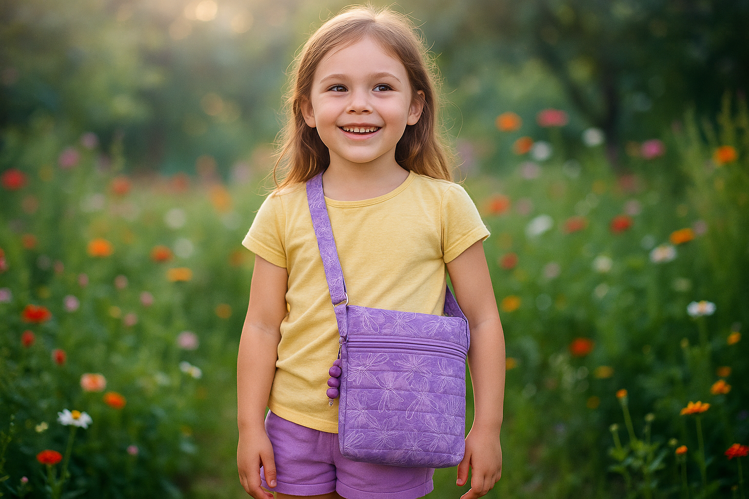 Lifestyle photo of little girl wearing the Dragon Fly Dreams Crossbody Bag