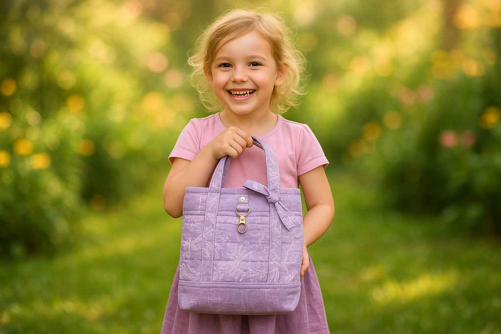 Lifestyle photo of little girl with Dragon Fly Dreams Tote Bag