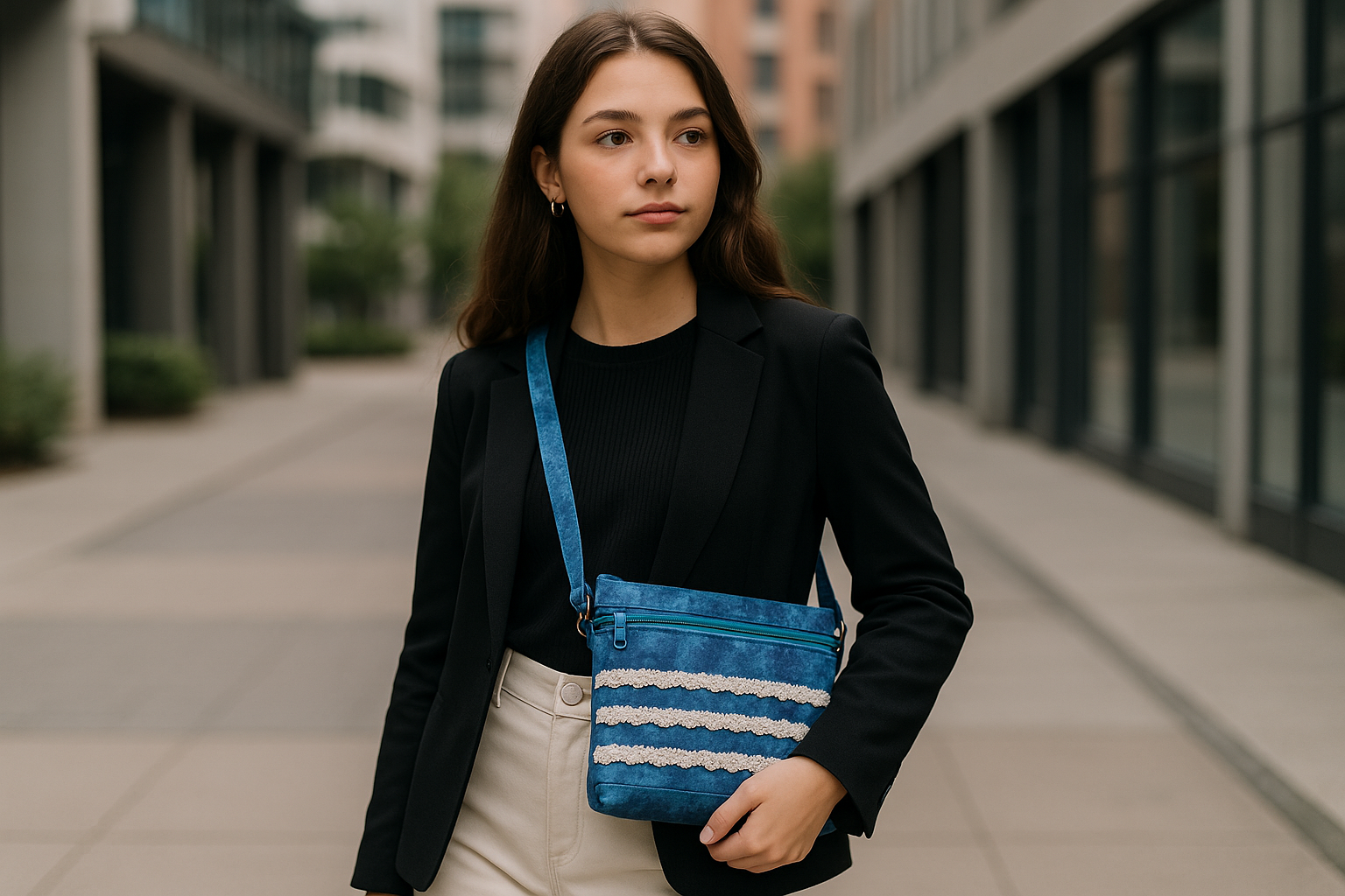 Lifestyle photo of teen/young adult with Elegant Blue Dreams Crossbody Bag