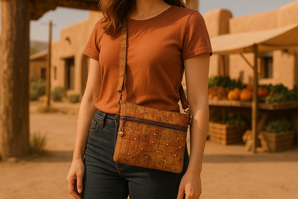 Lifestyle photo of woman wearing Desert Sand Zippered Crossbody Bag