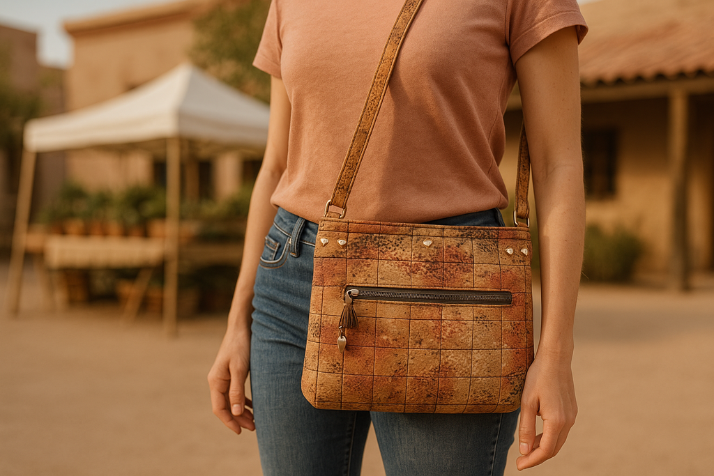 Lifestyle photo showing front of Desert Sand Tower Crossbody Bag