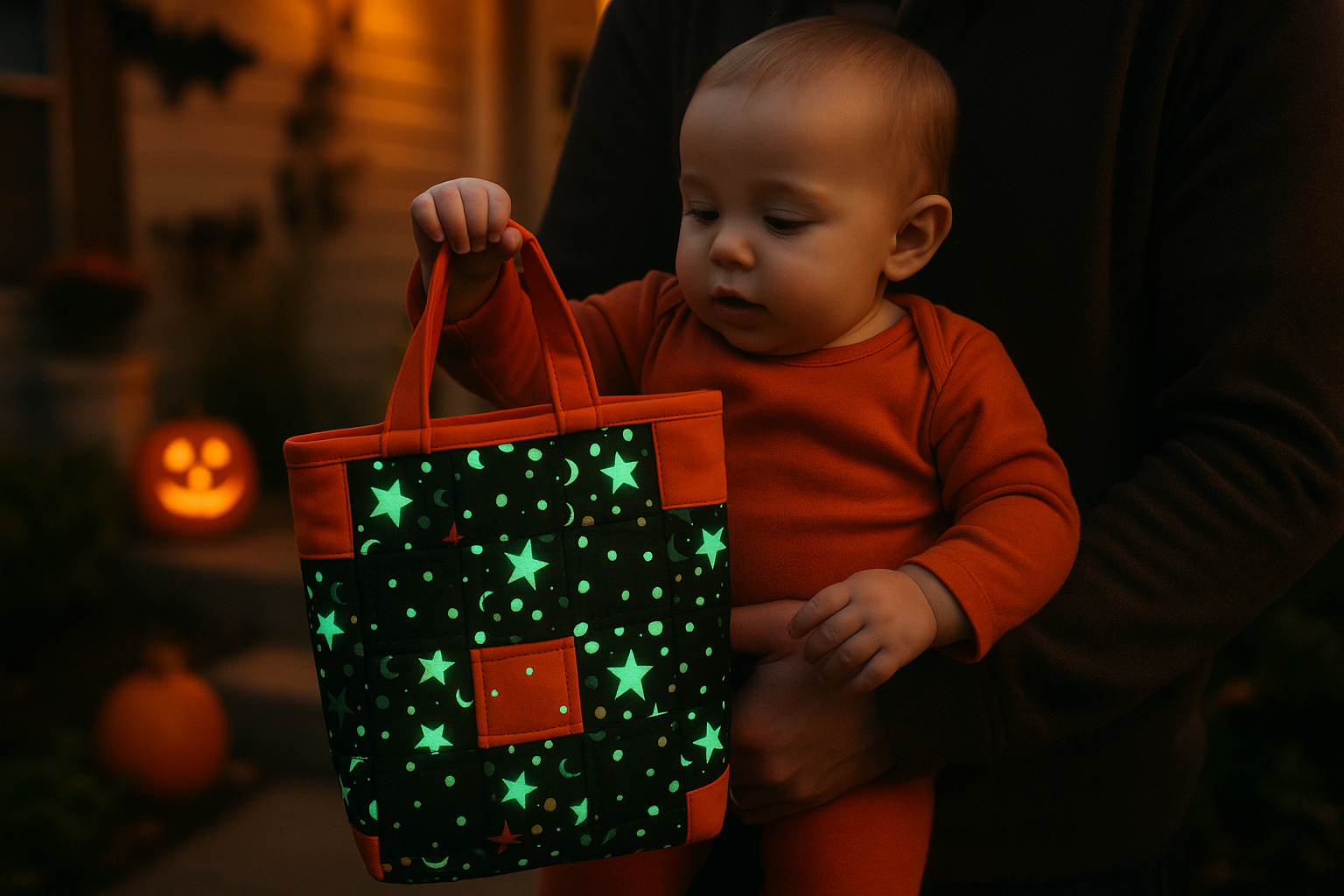 Magical first Halloween moment with glow-in-the-dark star bag