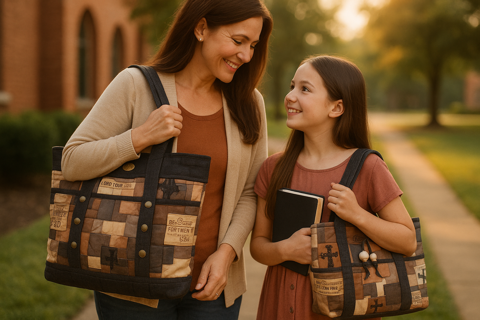 Mother-daughter with actual Blessed Moments Tote Bags