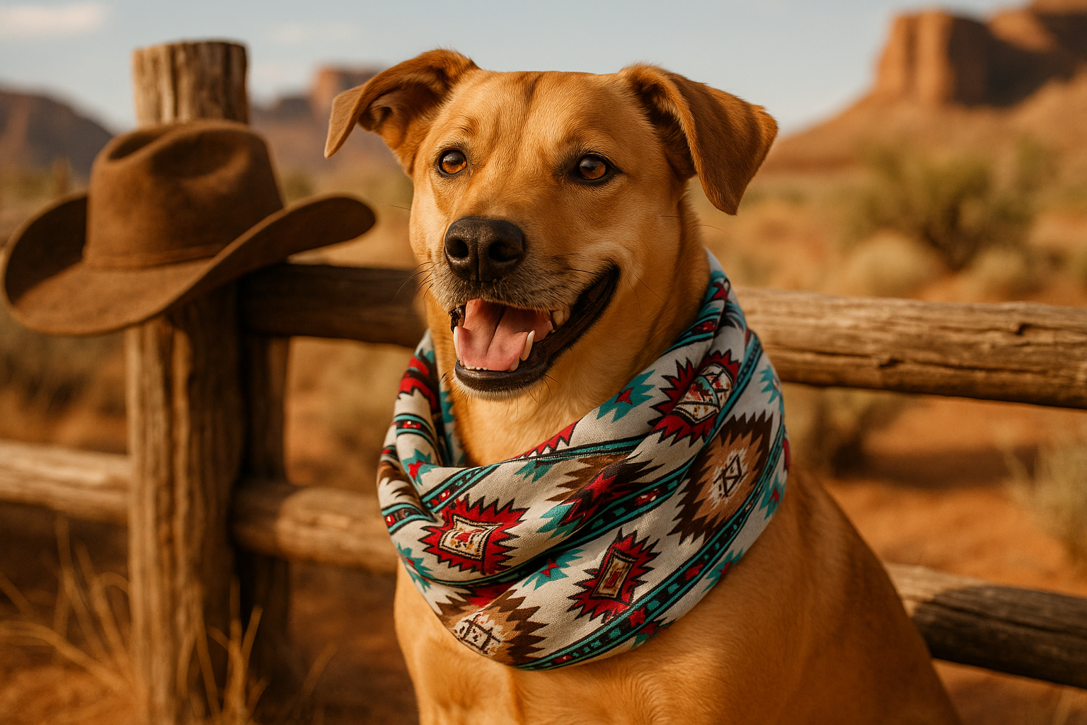 Pup in Southwest Scarf with Cowboy Background