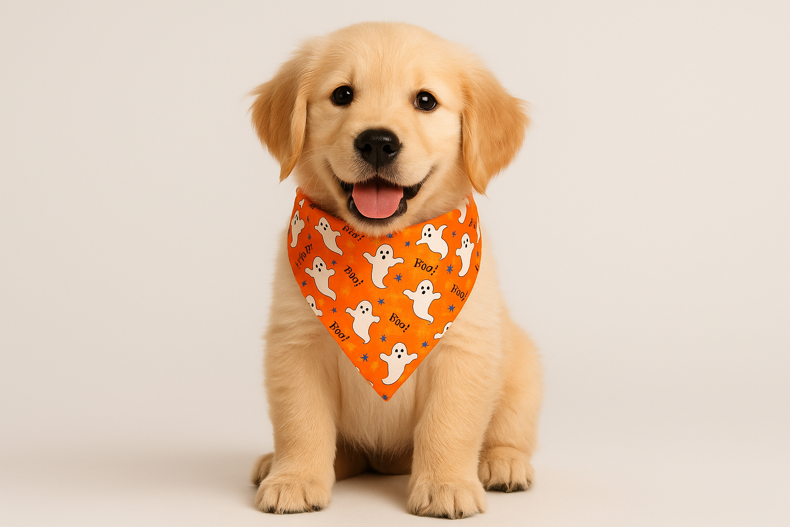 Puppy wearing the BOO ghost bandana