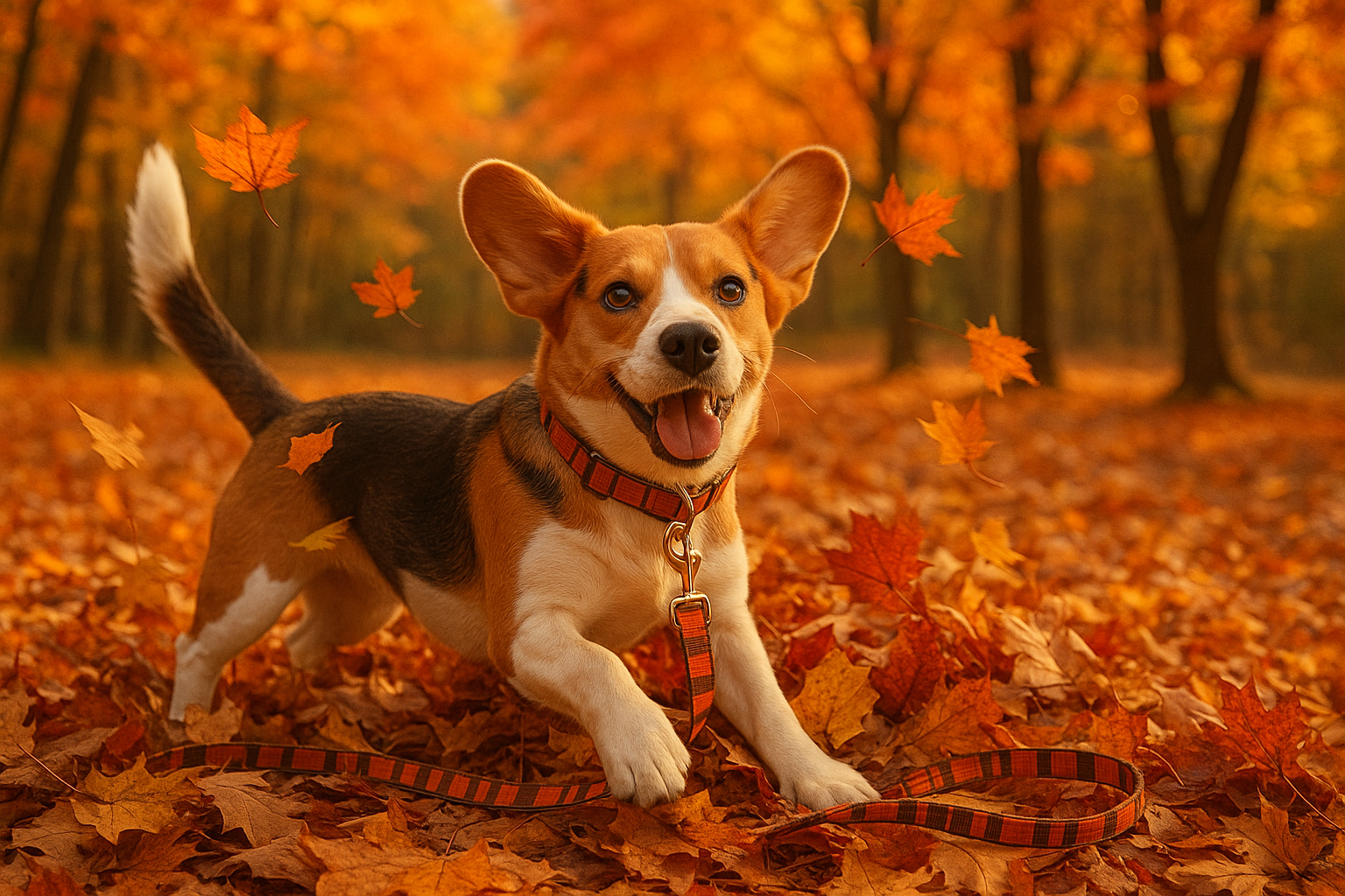 Small breed dog playing in fall leaves with orange plaid set
