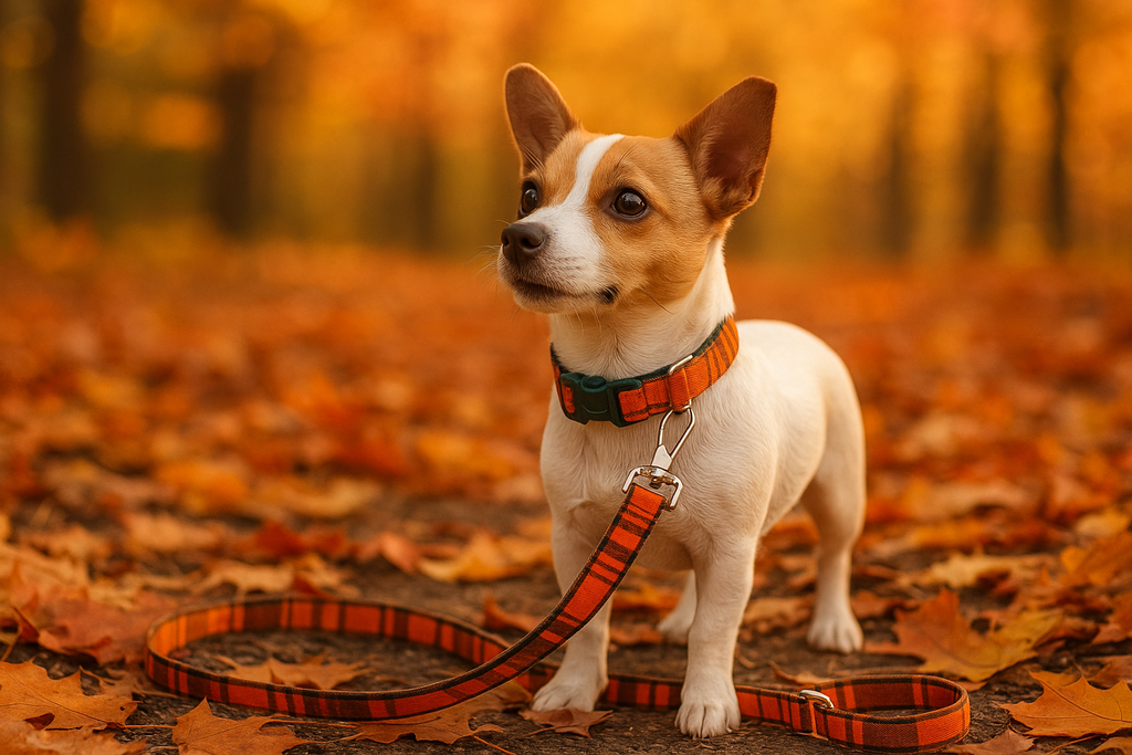 Small breed dog with accurate collar details in fall setting