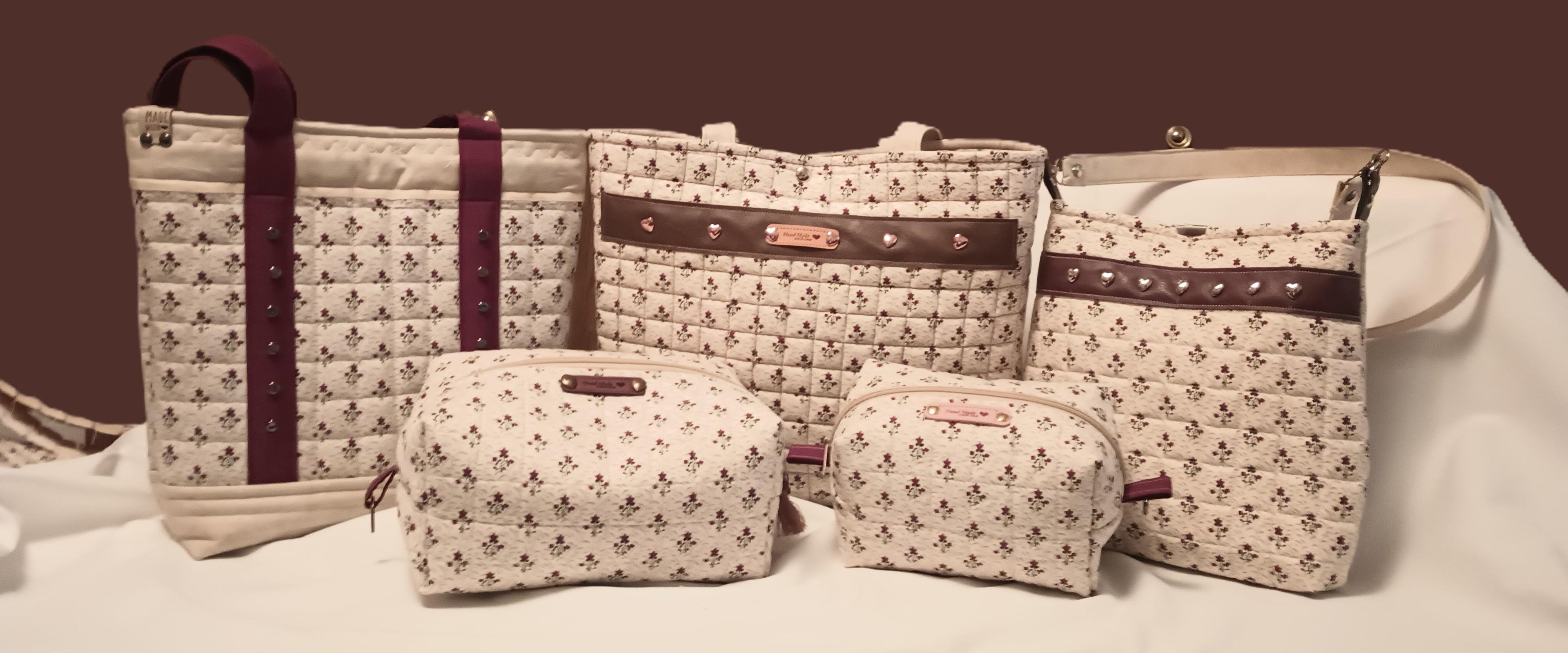 Vines and Ivy Quilted Handbag - Handcrafted Botanical Tote with Copper Hearts