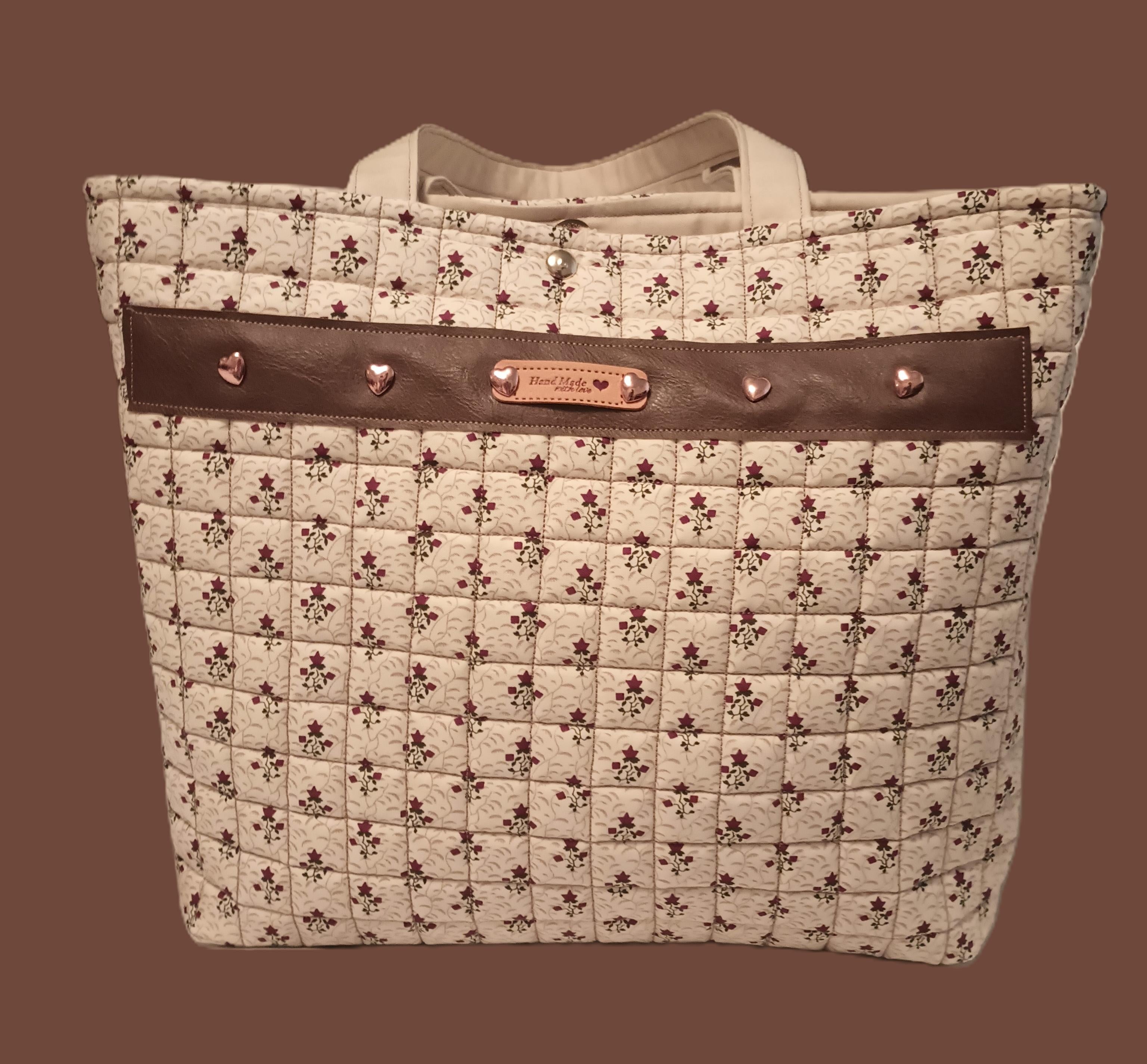 Vines and Ivy Quilted Handbag - Handcrafted Botanical Tote with Copper Hearts