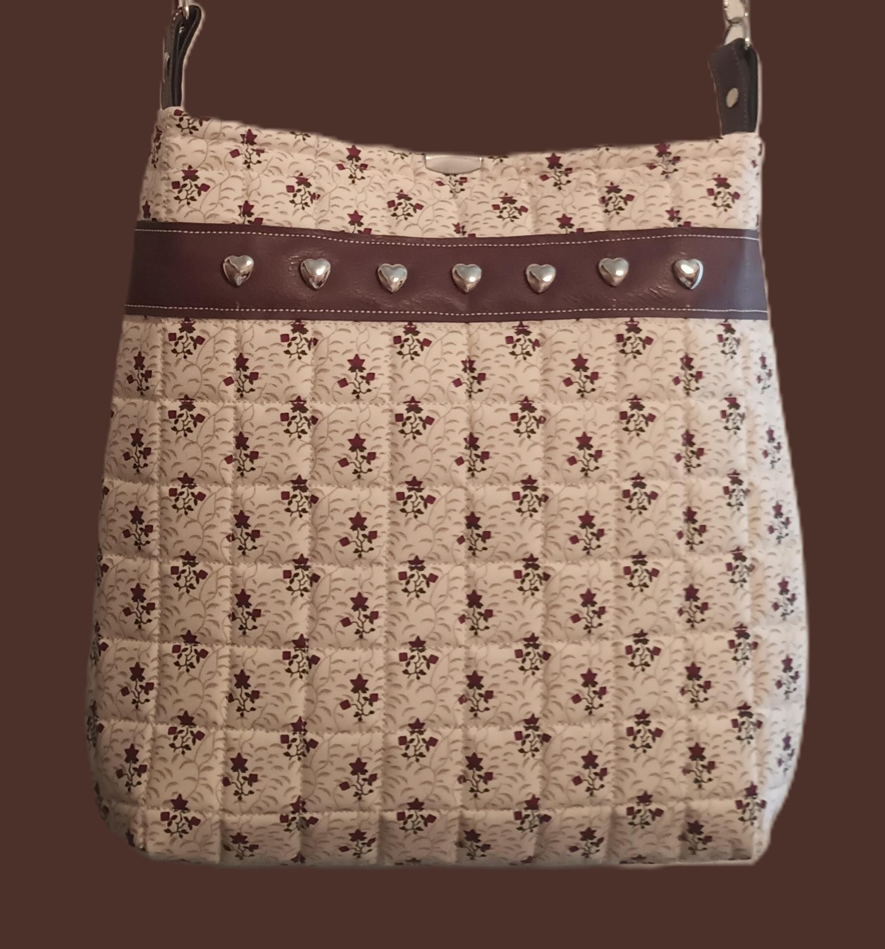 Vines and Ivy Quilted Crossbody Bag - Handcrafted Botanical Purse with Silver Hearts